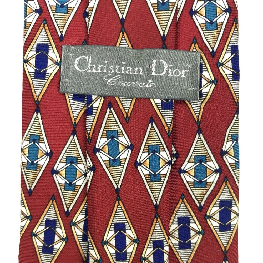 Christian Dior Men's Traditional Red Blue White Argyle Geometric Silk Neck Tie - Picture 3 of 11